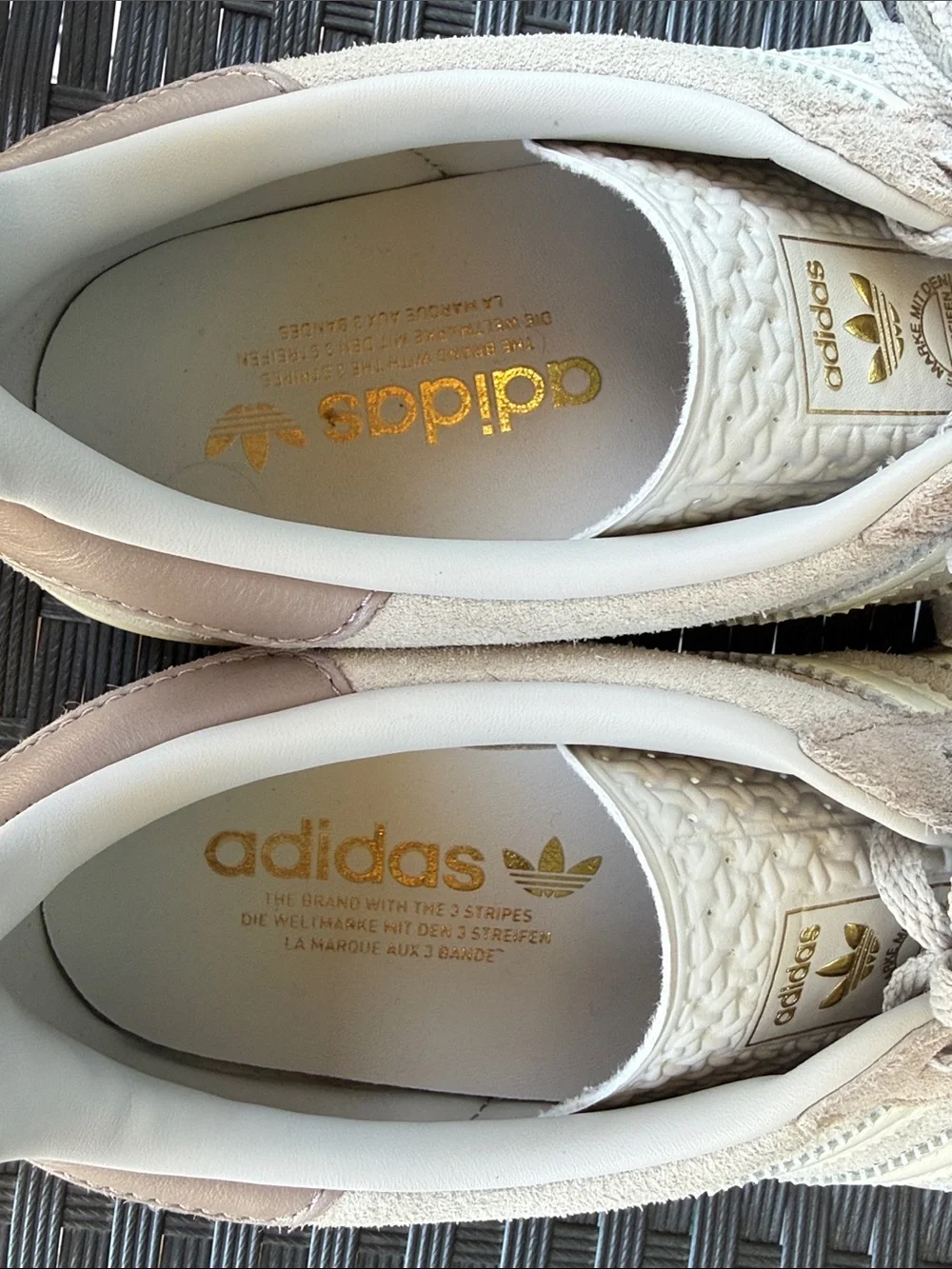 Adidas Gazelle Suede Sneakers in Taupe/Brown, Cream, and Gold